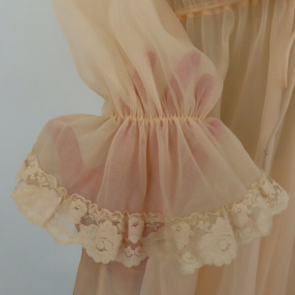 VTG Montgomery Ward Medium Pastel Orange Sheer Lace Trim Peignoir Robe Bathrobe - Picture 5 of 12